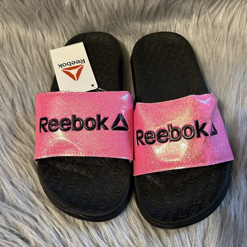 Reebok Slides Girls Size 4 Pink Black Sparkly Glitter Slip On Sandals Shoes NWT